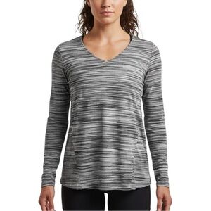 J. Jill Gray White Space Dye Striped Long Sleeve V Neck T Shirt Top Pockets S